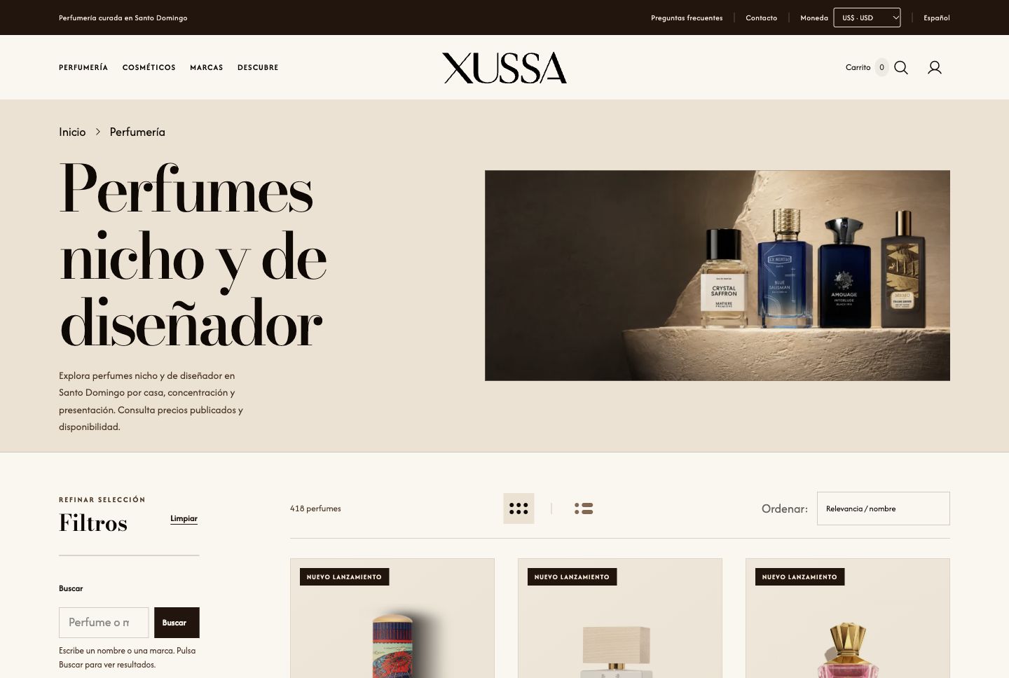Catálogo de perfumería del website XUSSA con filtros y productos.