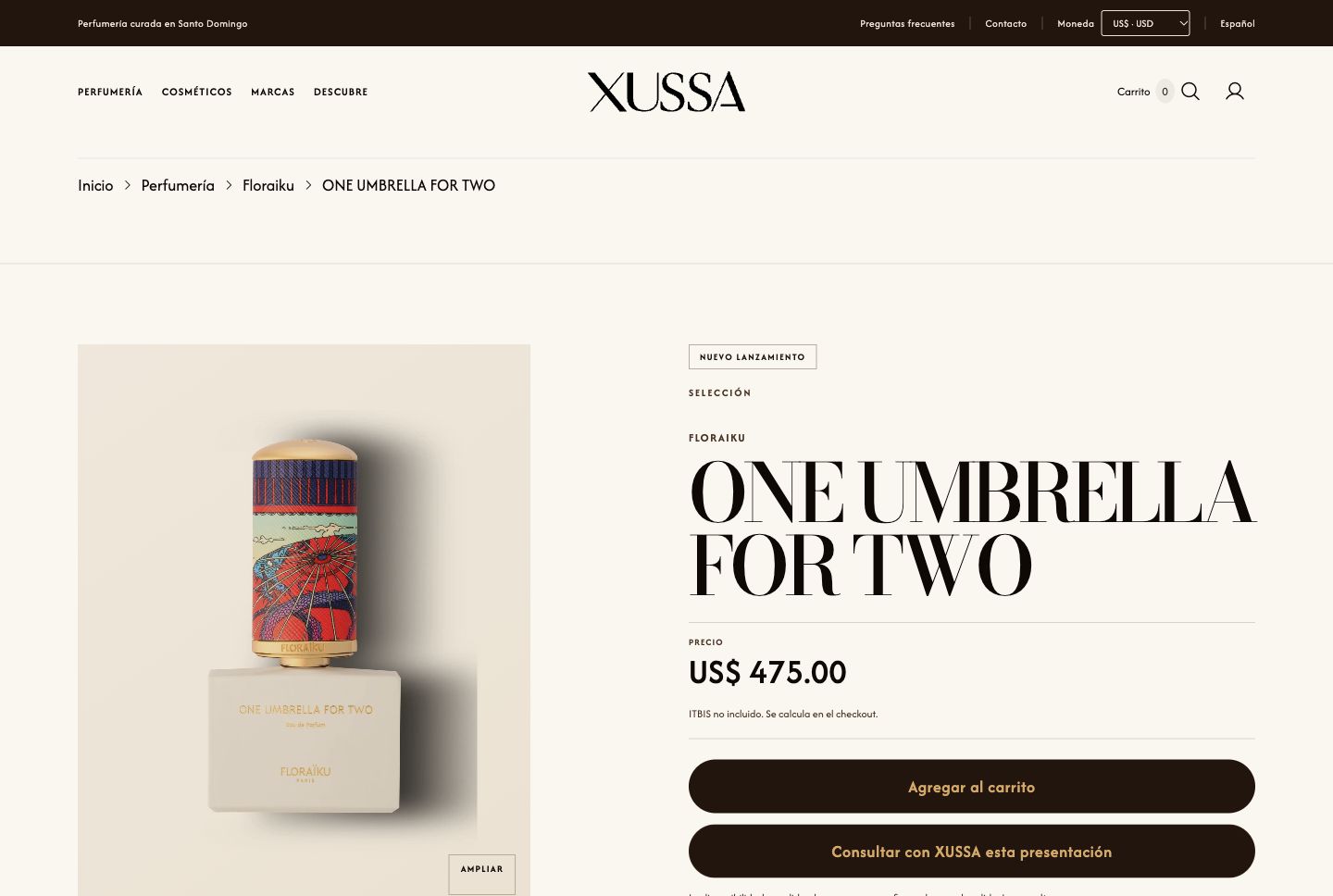 Ficha de producto del website XUSSA con información comercial y acciones de compra.